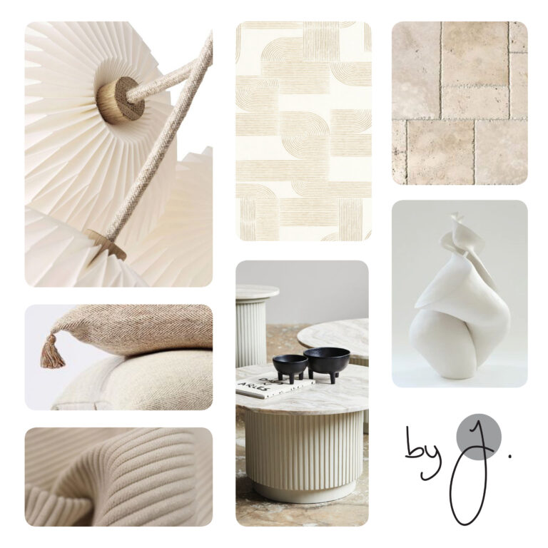Planche mobilier ou Moodboard réalisé pour décorer un salon séjour. Choix de couleurs pour une ambiance chaleureuse et rassurante. Les couleurs nude, lin, crème apporte de la douceur et de la luminosité et la rondeur des luminaires et des meubles choisis renforce l'ambiance réconfortante cette pièce de vie situé à Montfort-sur-Meu