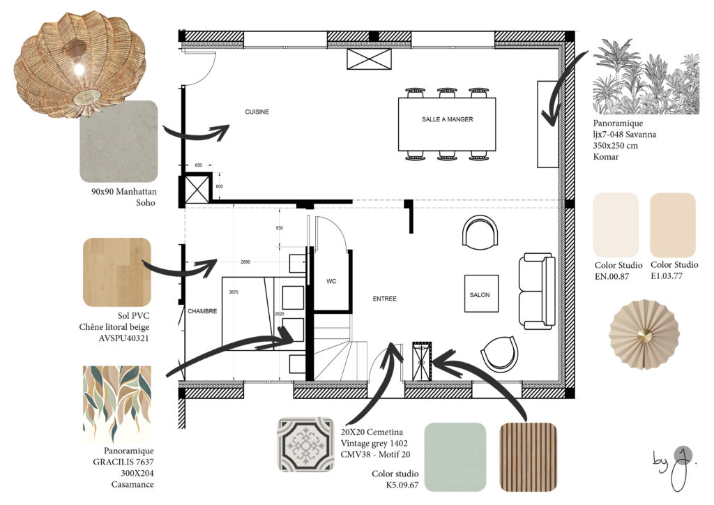 Plan d'agencement et de décoration d'une pièce de vie sur le thème bois & nature avec son panoramique végétal, ses tonalités de vert pastel et une touche vintage avec une carrelage aspect carreaux de ciment. Projet réalisé à Mordelles.