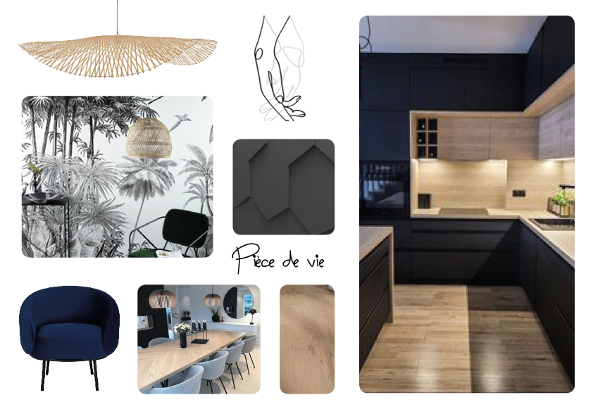 Moodboard ou planche tendance sur le thème noir et bois, réalisée pour un projet de rénovation de cuisine à St Rémy du Plain