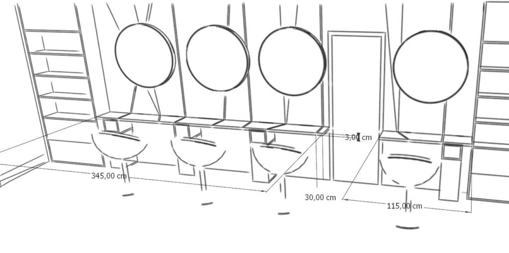 Croquis de proposition de meuble sur mesure pour un salon de coiffure à Melesse. Rénovation d'un salon de coiffeur avec récupération et relooking des meubles existants. Projet complet de décoration d'intérieur réalisé près de Rennes